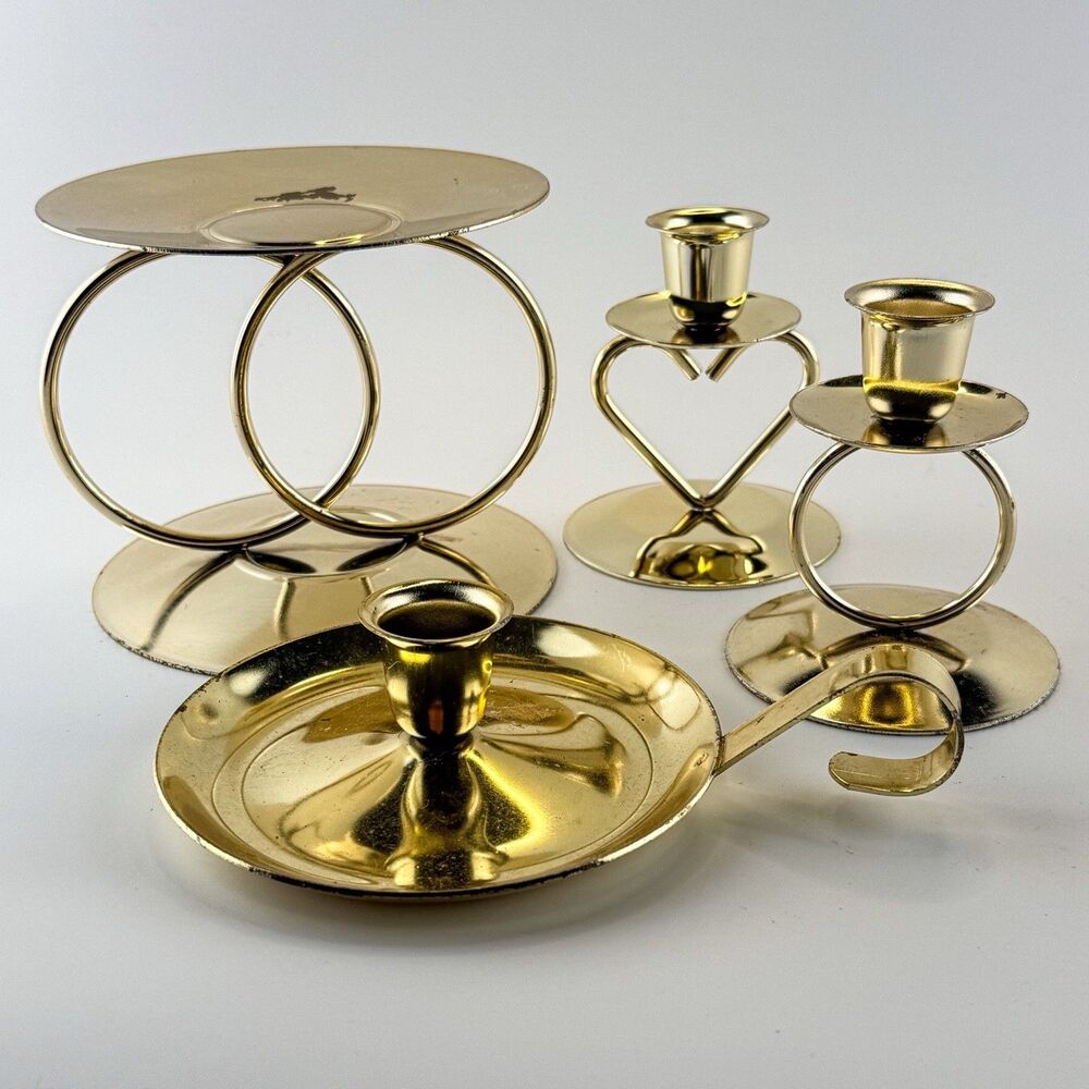 Gold Metal Candle Holder Bundle Lot of 4 Vintage Decor Ring Heart Chamberstick